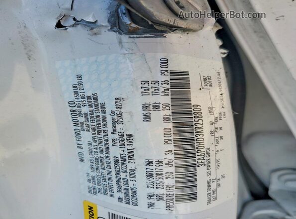 3FA6P0HD3KR258809 2019 FORD FUSION White ძრავის განყოფილების ხედი