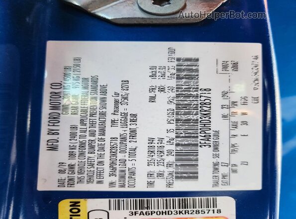 3FA6P0HD3KR285718 2019 FORD FUSION Blue Vista de la etiqueta del VIN