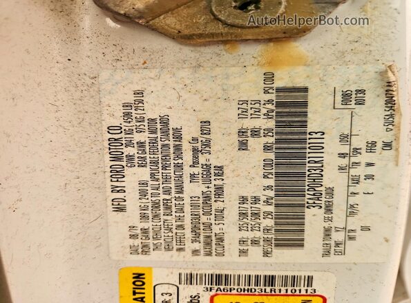 3FA6P0HD3LR110113 2020 FORD FUSION White Widok komory silnika