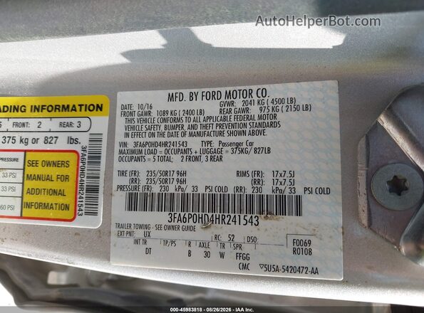 3FA6P0HD4HR241543 2017 FORD FUSION Silver Widok komory silnika