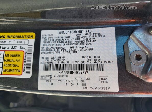 3FA6P0HD4HR297921 2017 FORD FUSION Gray ძრავის განყოფილების ხედი