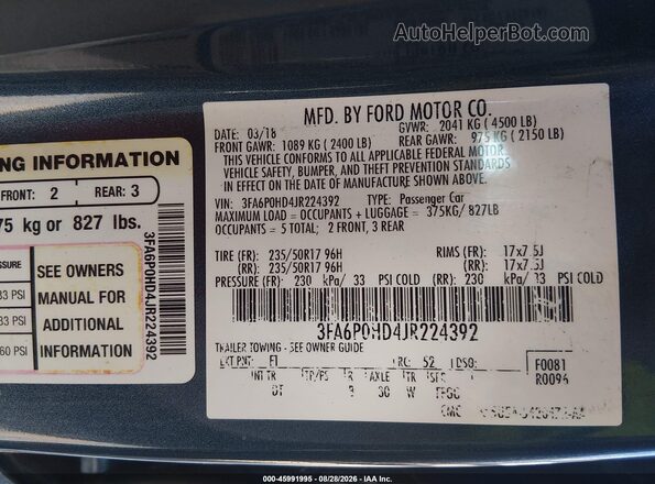 3FA6P0HD4JR224392 2018 FORD FUSION Blue Շարժիչի բաժամունքի տեսք