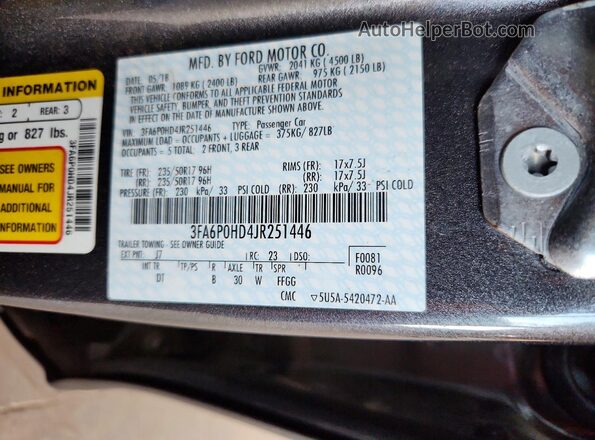 3FA6P0HD4JR251446 2018 FORD FUSION Gray Vista del compartimento del motor