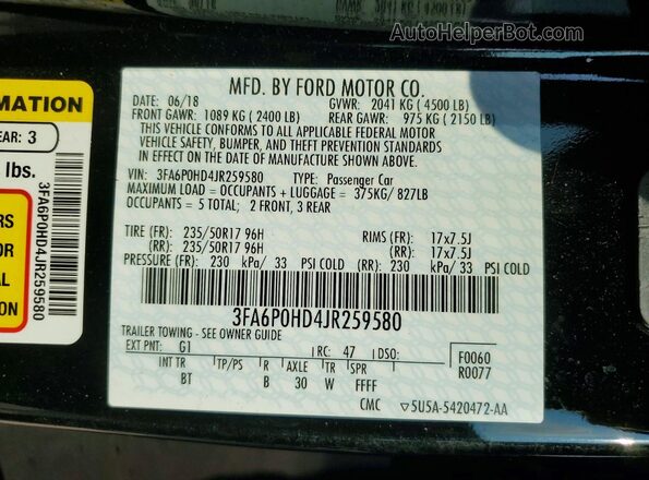3FA6P0HD4JR259580 2018 FORD FUSION Black Вид наклейки з VIN-кодом
