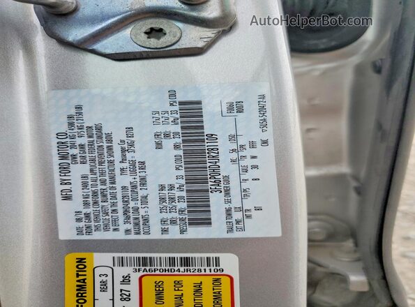 3FA6P0HD4JR281109 2018 FORD FUSION Silver Engine compartment view