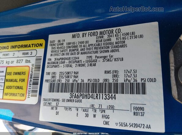 3FA6P0HD4LR113344 2020 FORD FUSION Синий Вид подкапотного пространства