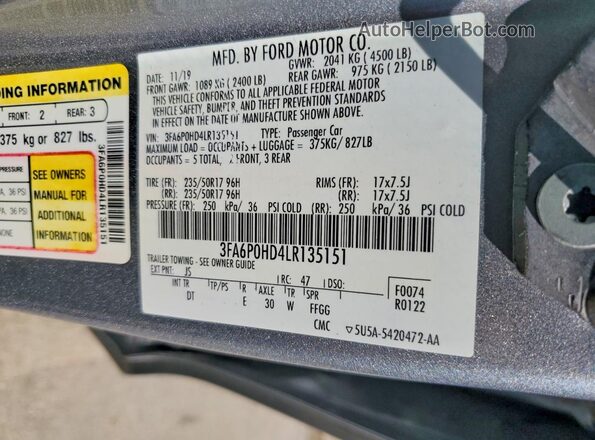 3FA6P0HD4LR135151 2020 FORD FUSION Silver Вид підкапотного простору