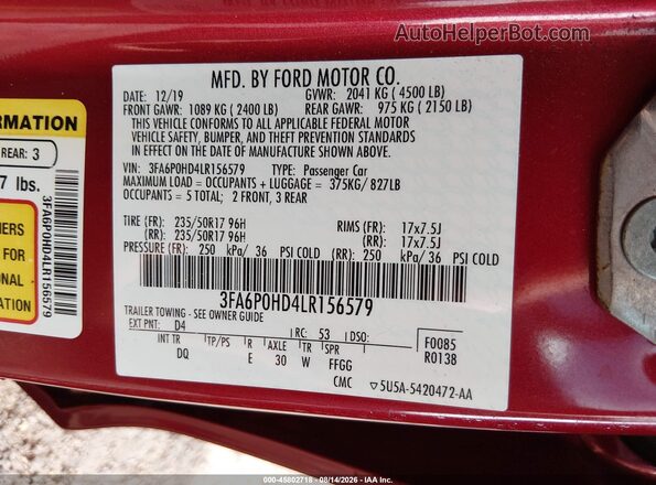 3FA6P0HD4LR156579 2020 FORD FUSION Red Engine compartment view