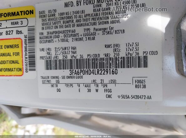 3FA6P0HD4LR229160 2020 FORD FUSION White Вид підкапотного простору