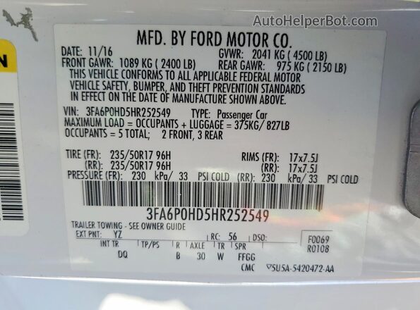 3FA6P0HD5HR252549 2017 FORD FUSION White ძრავის განყოფილების ხედი