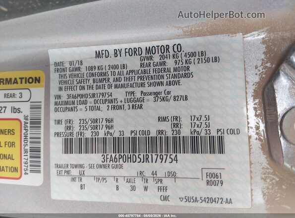 3FA6P0HD5JR179754 2018 FORD FUSION Silver ძრავის განყოფილების ხედი
