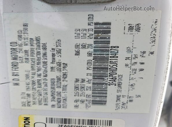 3FA6P0HD5JR184078 2018 FORD FUSION Blue VIN კოდის სტიკერის ხედი