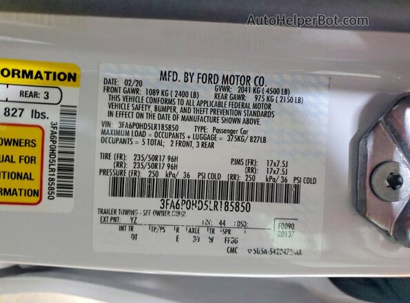 3FA6P0HD5LR185850 2020 FORD FUSION White Շարժիչի բաժամունքի տեսք
