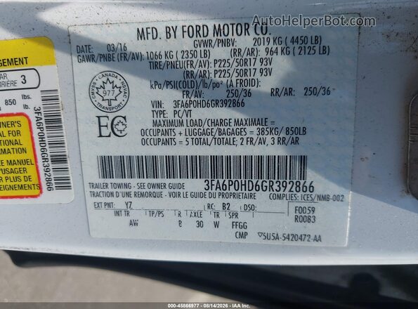 3FA6P0HD6GR392866 2016 FORD FUSION White ძრავის განყოფილების ხედი