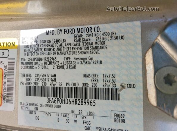 3FA6P0HD6HR289965 2017 FORD FUSION Beige Vista del compartimento del motor