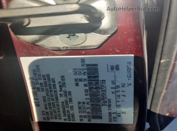 3FA6P0HD6JR224166 2018 FORD FUSION Maroon Widok naklejki z numerem VIN