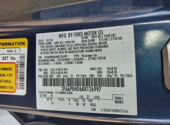 3FA6P0HD6KR126997 2019 FORD FUSION Blue Вид підкапотного простору