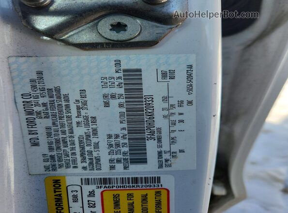 3FA6P0HD6KR209331 2019 FORD FUSION White Widok naklejki z numerem VIN