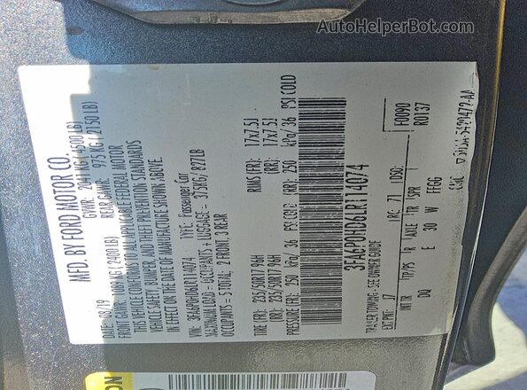 3FA6P0HD6LR114074 2020 FORD FUSION Gray Engine compartment view