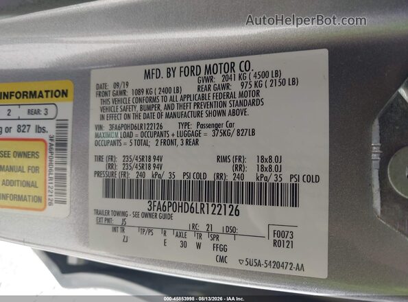 3FA6P0HD6LR122126 2020 FORD FUSION Silver Widok komory silnika