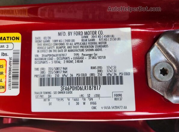 3FA6P0HD6LR187817 2020 FORD FUSION Red Շարժիչի բաժամունքի տեսք