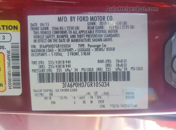 3FA6P0HD7GR105034 2016 FORD FUSION Red Engine compartment view