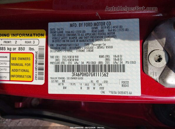 3FA6P0HD7GR111562 2016 FORD FUSION Red Widok komory silnika