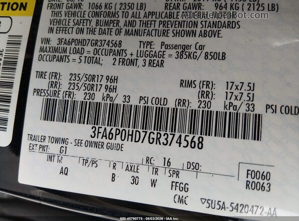 3FA6P0HD7GR374568 2016 FORD FUSION Black Շարժիչի բաժամունքի տեսք