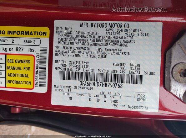 3FA6P0HD7HR250768 2017 FORD FUSION Красный Вид подкапотного пространства