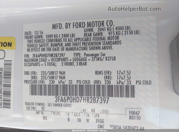 3FA6P0HD7HR287397 2017 FORD FUSION Белый Вид подкапотного пространства