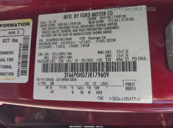 3FA6P0HD7JR179609 2018 FORD FUSION Red Vista del compartimento del motor