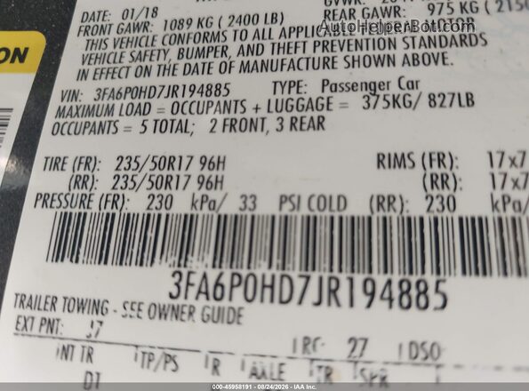 3FA6P0HD7JR194885 2018 FORD FUSION Gray ძრავის განყოფილების ხედი