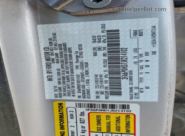 3FA6P0HD7JR214102 2018 FORD FUSION Silver ძრავის განყოფილების ხედი