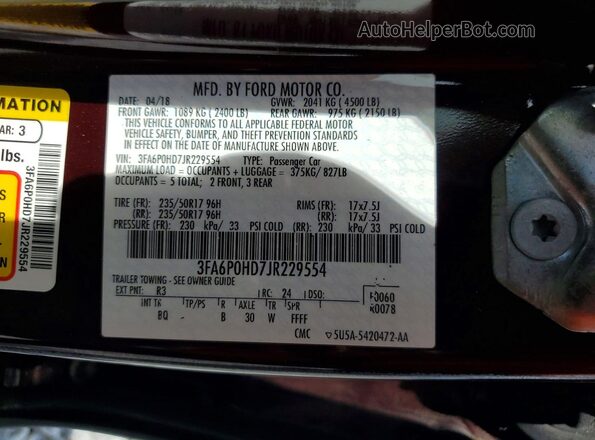 3FA6P0HD7JR229554 2018 FORD FUSION Burgundy Вид підкапотного простору