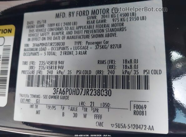 3FA6P0HD7JR238030 2018 FORD FUSION Black Engine compartment view