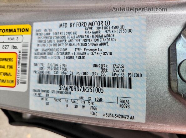 3FA6P0HD7JR251005 2018 FORD FUSION Silver Vista del compartimento del motor
