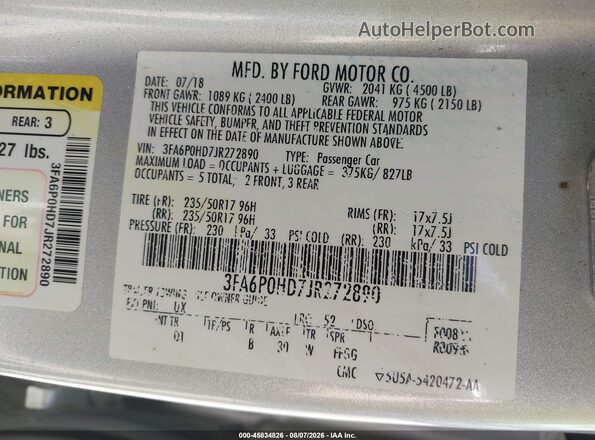 3FA6P0HD7JR272890 2018 FORD FUSION Silver Вид підкапотного простору