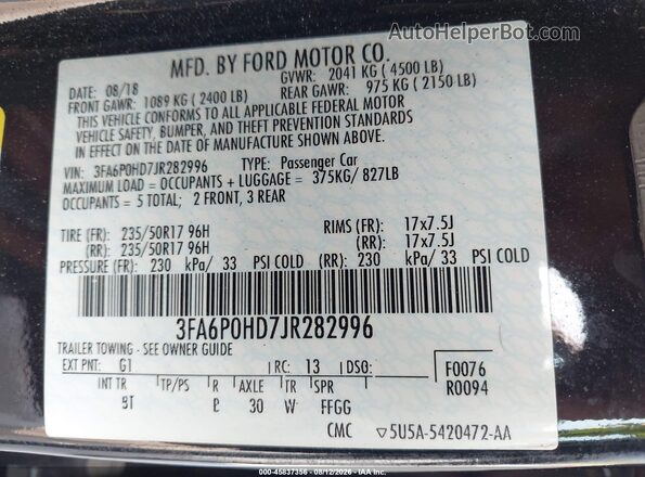 3FA6P0HD7JR282996 2018 FORD FUSION Black ძრავის განყოფილების ხედი