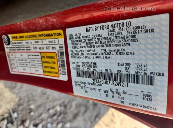 3FA6P0HD7LR249211 2020 FORD FUSION Red Engine compartment view