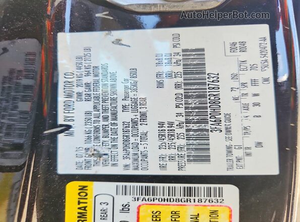 3FA6P0HD8GR187632 2016 FORD FUSION Black VIN კოდის სტიკერის ხედი