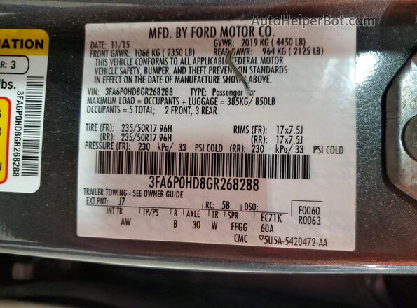 3FA6P0HD8GR268288 2016 FORD FUSION Серый Вид подкапотного пространства