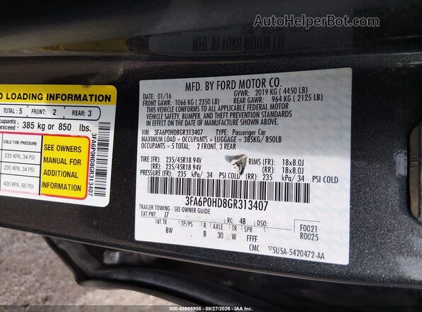 3FA6P0HD8GR313407 2016 FORD FUSION Gray Engine compartment view