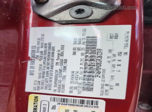 3FA6P0HD8GR362249 2016 FORD FUSION Red Շարժիչի բաժամունքի տեսք