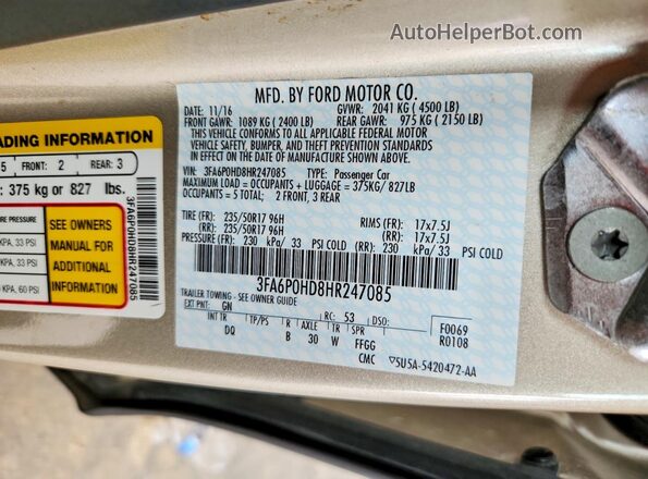 3FA6P0HD8HR247085 2017 FORD FUSION Beige ძრავის განყოფილების ხედი