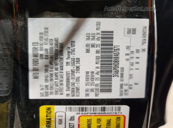 3FA6P0HD8HR407871 2017 FORD FUSION Black Widok naklejki z numerem VIN
