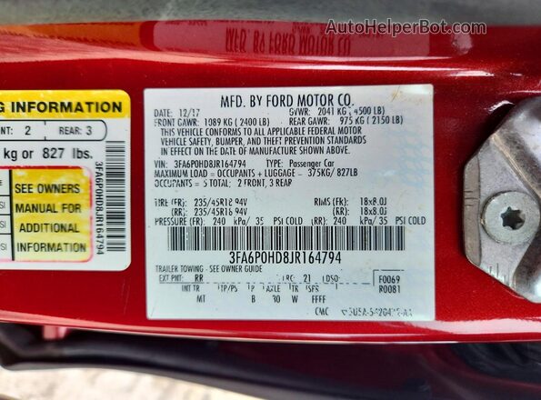 3FA6P0HD8JR164794 2018 FORD FUSION Red Engine compartment view