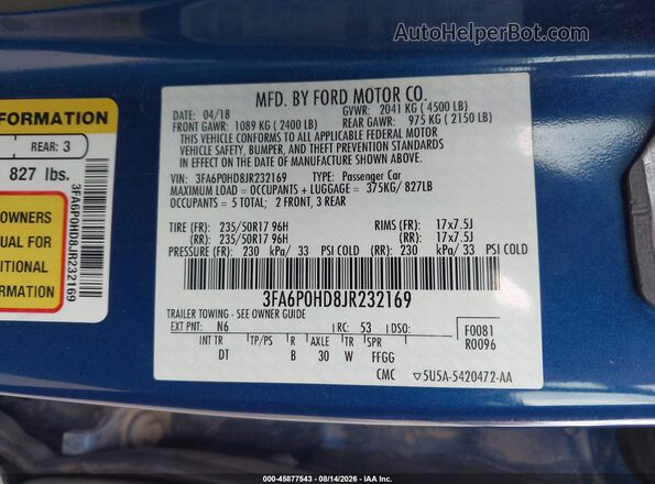 3FA6P0HD8JR232169 2018 FORD FUSION Blue Engine compartment view