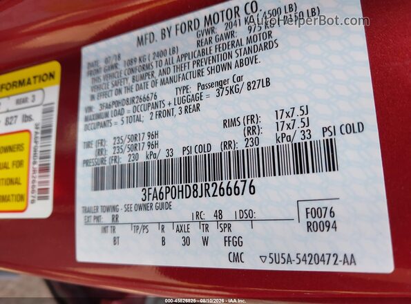 3FA6P0HD8JR266676 2018 FORD FUSION Red ძრავის განყოფილების ხედი