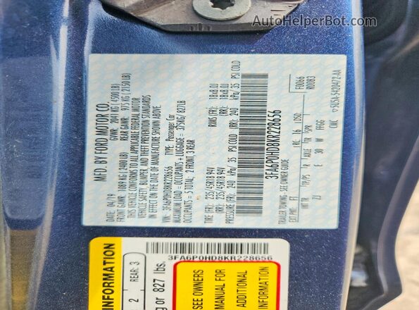 3FA6P0HD8KR228656 2019 FORD FUSION Blue Շարժիչի բաժամունքի տեսք