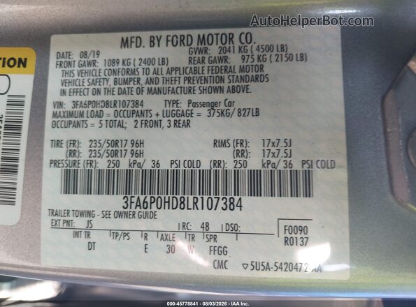 3FA6P0HD8LR107384 2020 FORD FUSION Silver ძრავის განყოფილების ხედი